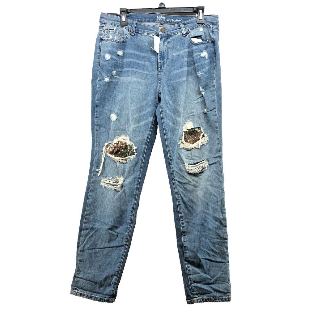NY&C SOHO Distressed Curvy Boyfriend Stretch Denim Jeans Size 12 Women New Stain